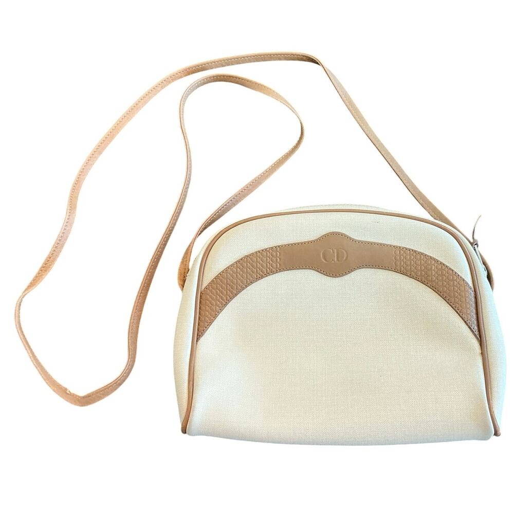 Vintage CHRISTIAN DIOR Saddle Bag Beige Canvas Leather Shoulder Crossbody Bag
